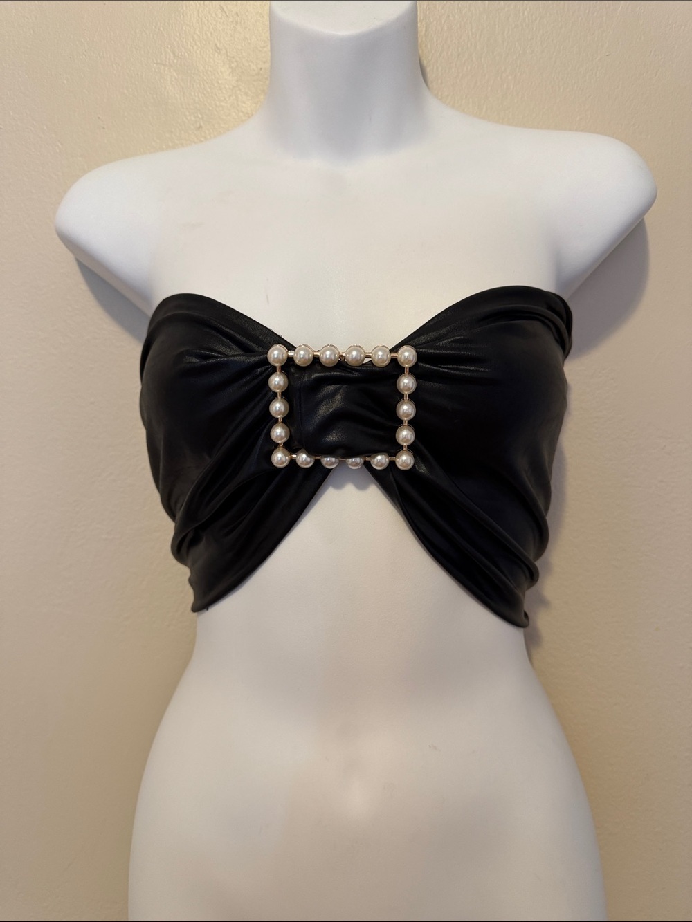 Windsor Black Faux Leather Pearl-Frame Bandeau Crop Top